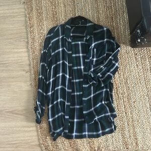 Dark green and navy long flowy button down flannel with slit sides